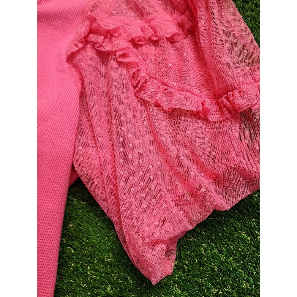 Maeve Anthropologie Hot Pink Ribbed T-Shirt Swiss Dot Ruffle Tulle Sleeve 1X - Picture 7 of 8